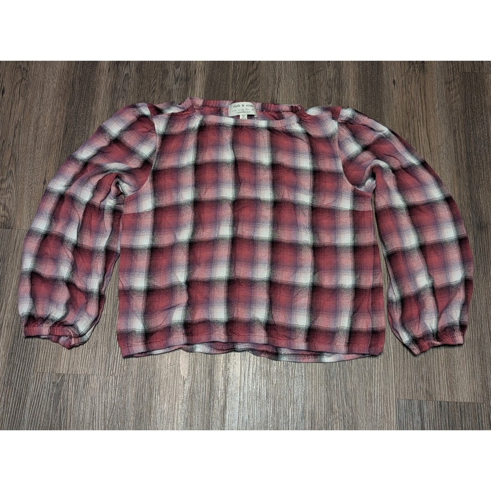 Cloth &‎ Stone Plaid Blouse Long Sleeve Bohemian Top Red White Size M